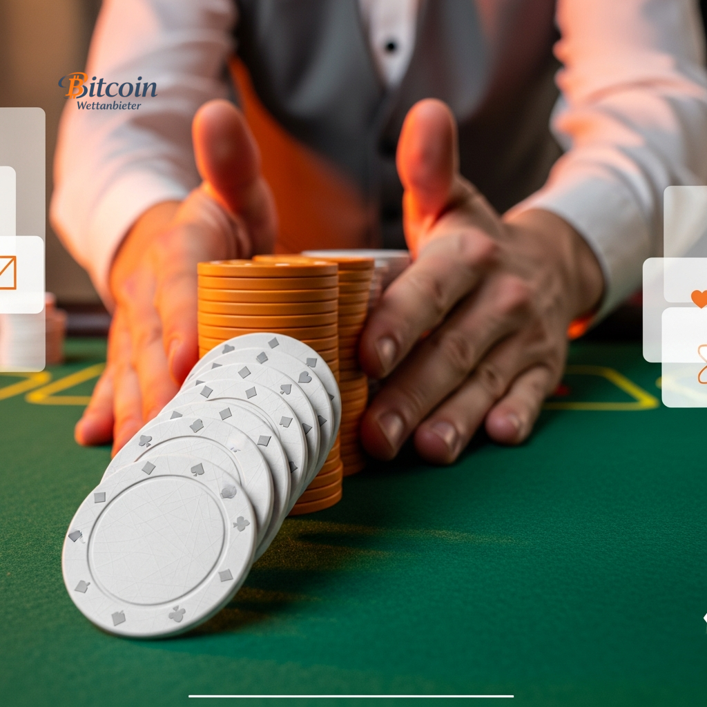 Hände verschieben Casino-Chips auf einem digitalen Tisch-Interface