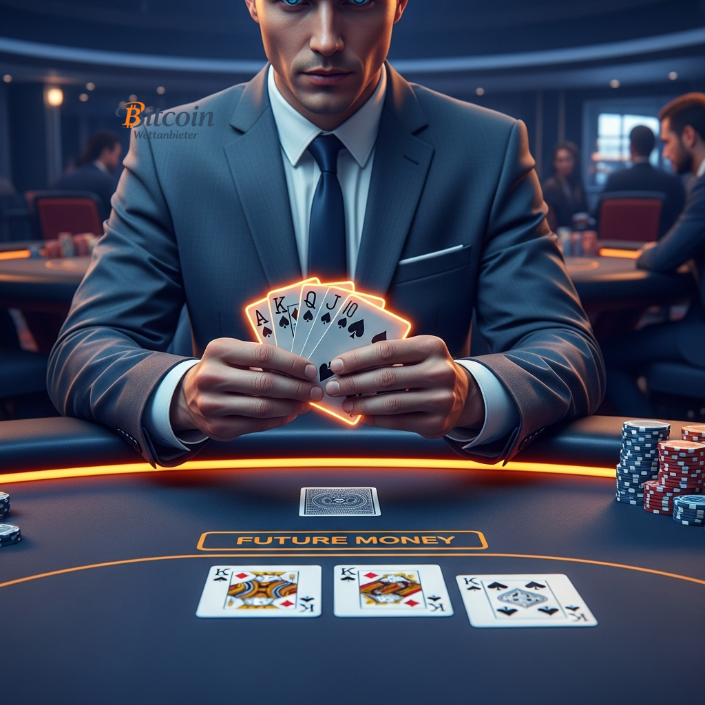 Ein konzentrierter Experte analysiert ein Pokerspiel mit leuchtenden Karten, was die scharfsinnige Vorhersage und den strategischen Wettansatz für das Krypto-Wetten auf das Spiel Jordanien gegen Algerien symbolisiert.