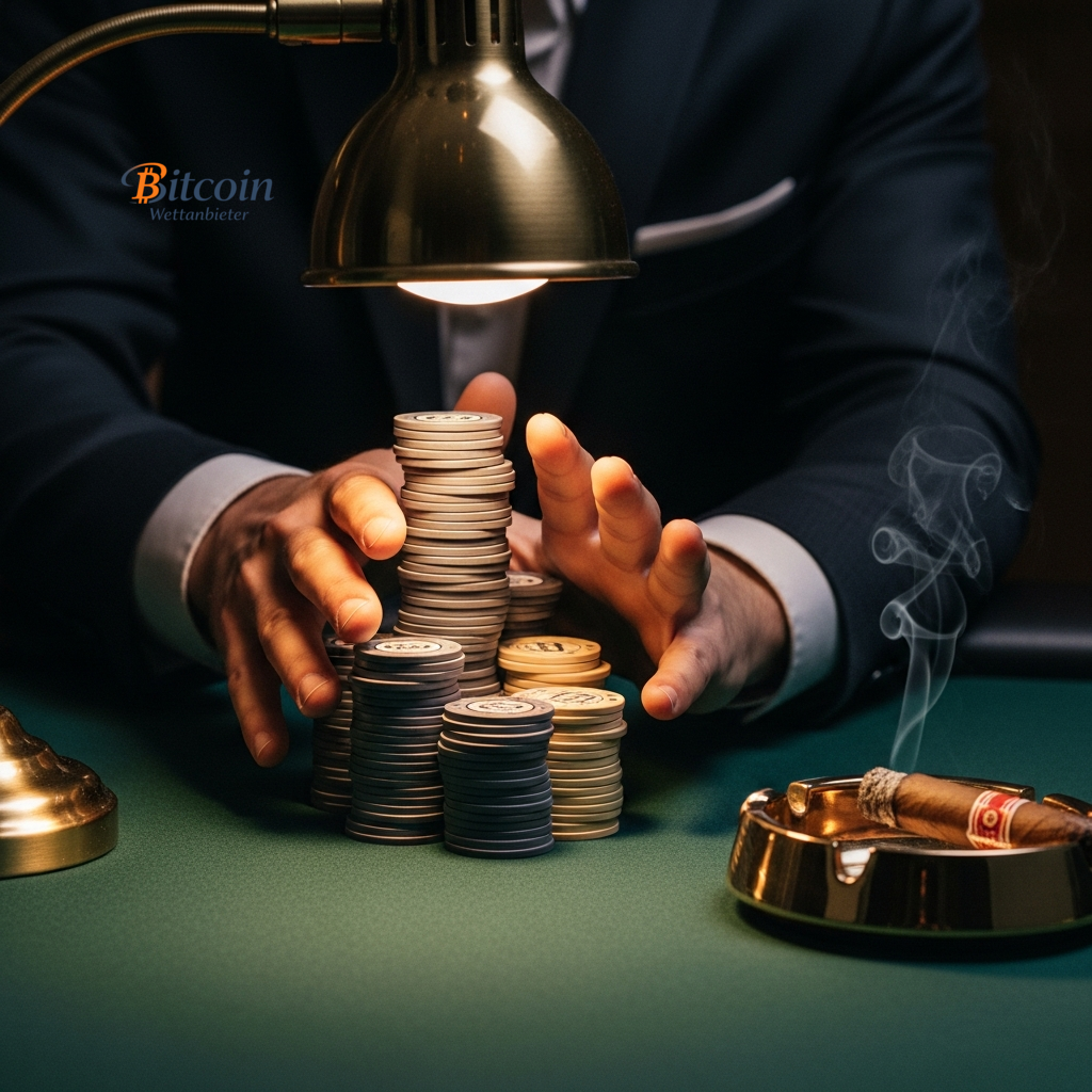 Ein strategischer Spieler, der auf einen hohen Stapel Pokerchips zugreift, was den fundierten Wettansatz eines Experten für das Spiel symbolisiert.